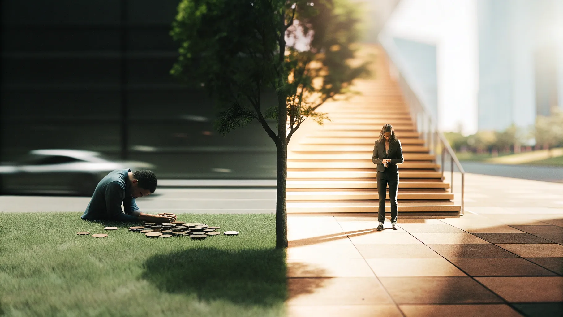 象徵理財與職場成長的畫面：一側金錢停滯與炫耀，另一側透過人脈、投資與開放人格逐步向上成長的道路