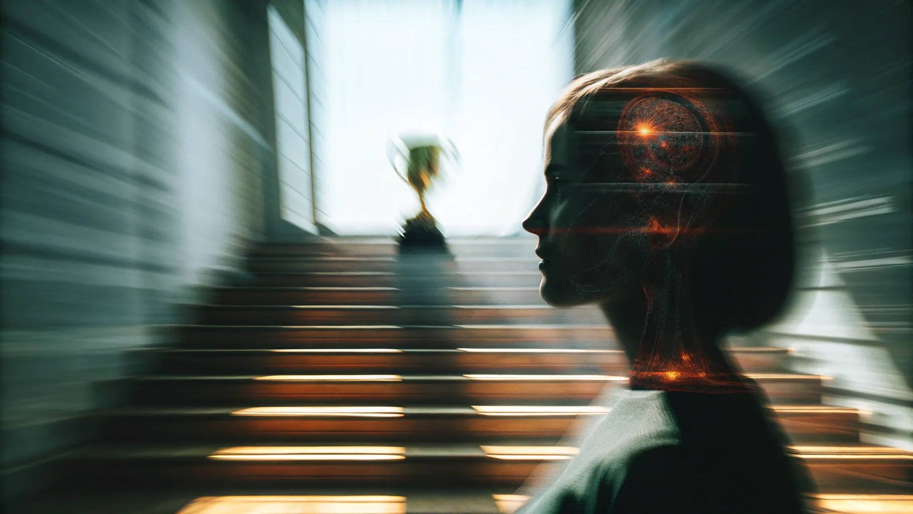 如何騙過自己的大腦,啟動「贏家效應」成為不可阻擋的自己 3 抽象人腦側影,神經迴路化作上升的金色螺旋與階梯,象徵啟動贏家效應與正向自我強化循環